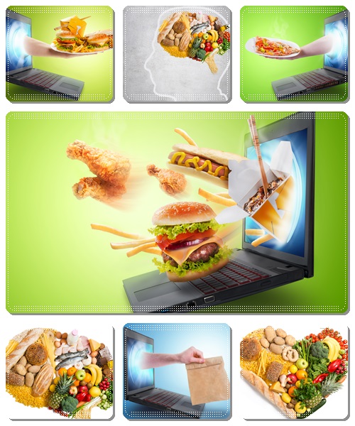 Food flying out of a laptop screen - Stock Photo
