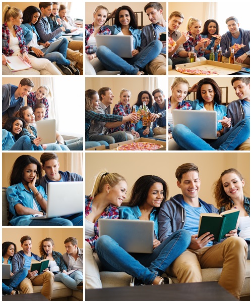 Group of young students in home interior - Stock Photo