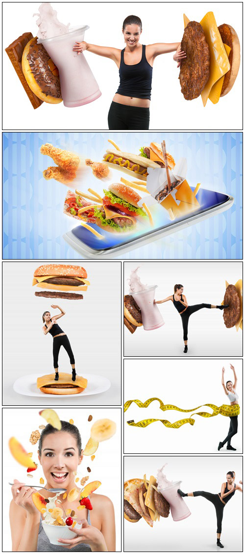 Fit young woman fighting off fast food - Stock Photo