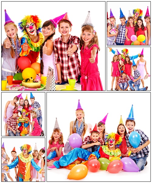 Birthday party group of teen with clown - Stock Photo