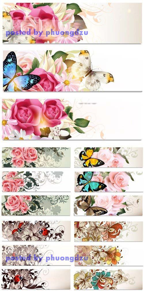 Paper Banners with Flowers Vector 4